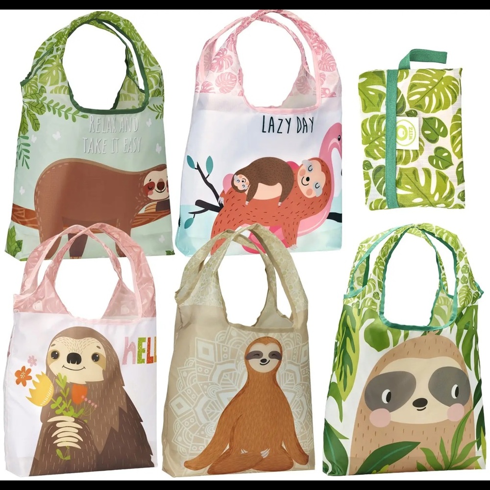 Reusable grocery tote bag purse with pouch sloth